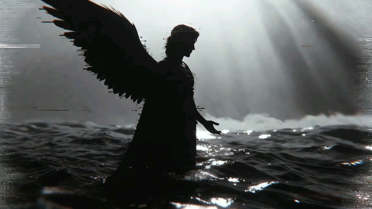 Archangel Elyon — winged figure in dark water, symbol of protection and elevation