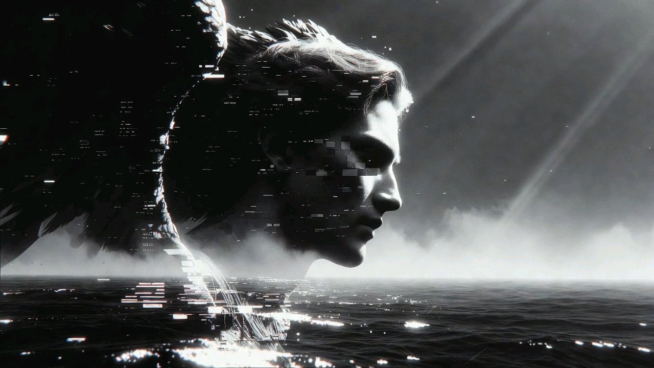 Winged figure in profile, looking across the water toward the light